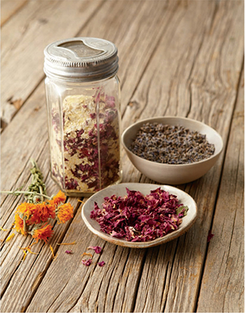Oatmeal, lavender, rose petals, calendula, and cornmeal make an invigorating homemade facial scrub