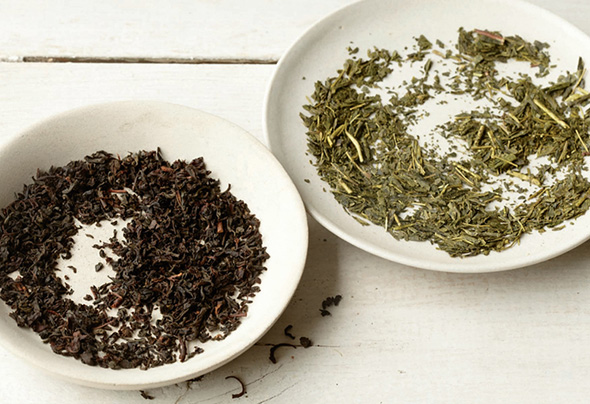 Unfermented green teas, such as sencha (right), give desserts and vegetables a grassy, herbal flavor; oxidized black teas, like Darjeeling (left)